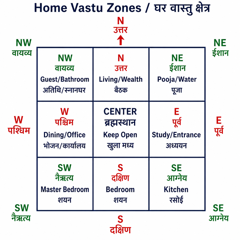 Home Vastu grid showing room zones and the open Brahmasthan